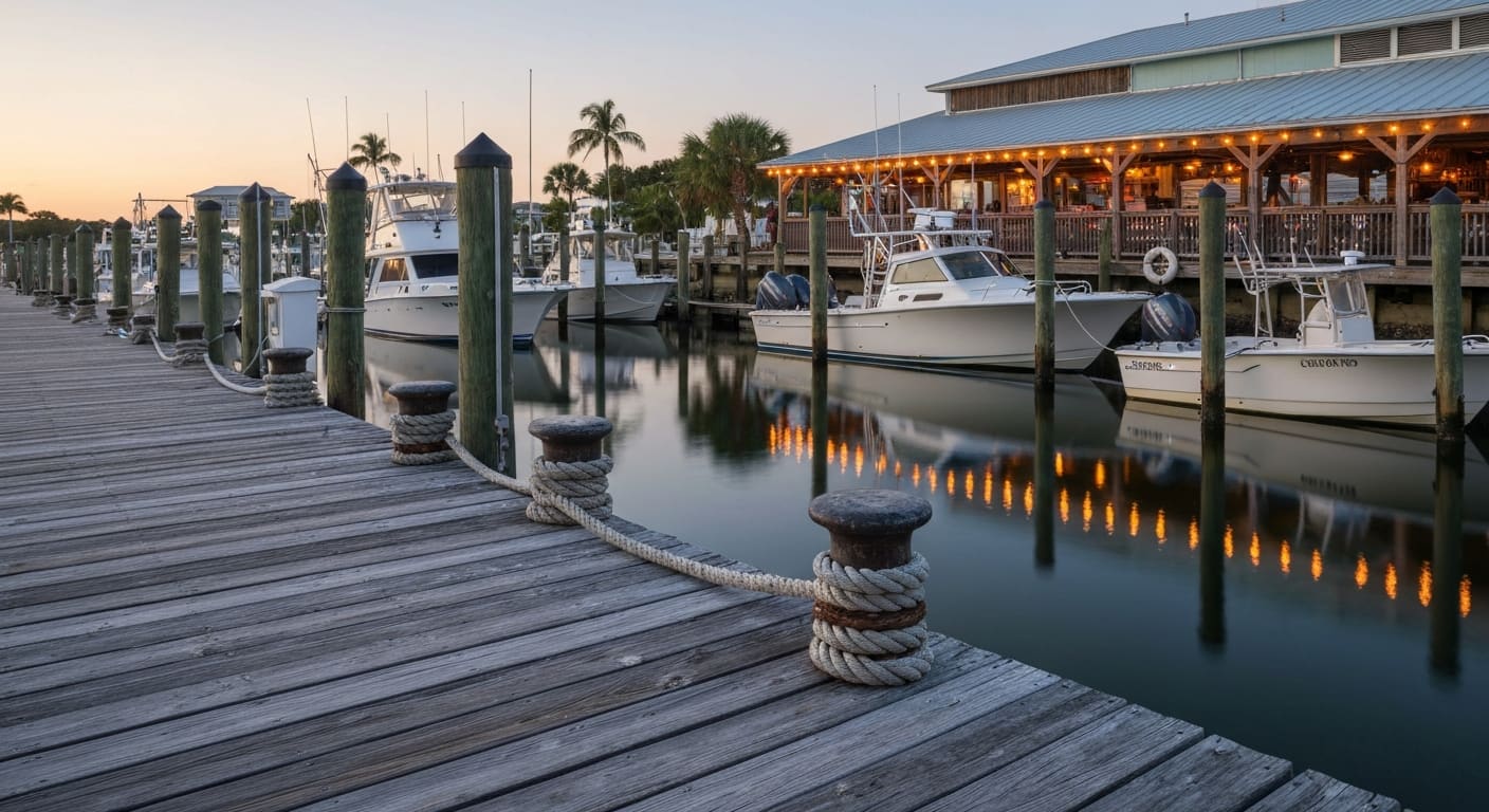 Fishing boats docked at a Naples Florida marina at golden hour with pelicans on the pilings