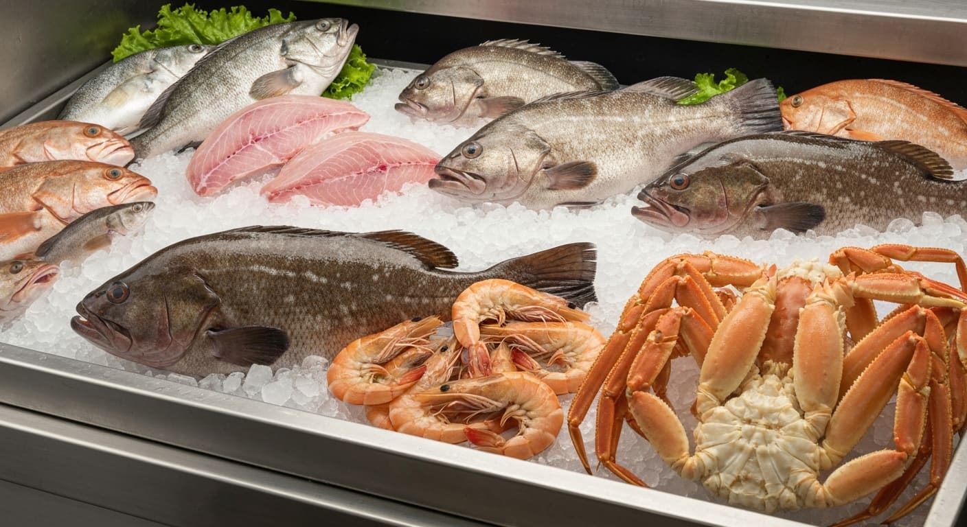 Fresh catch display at a Naples Florida seafood market with whole fish and shellfish on ice