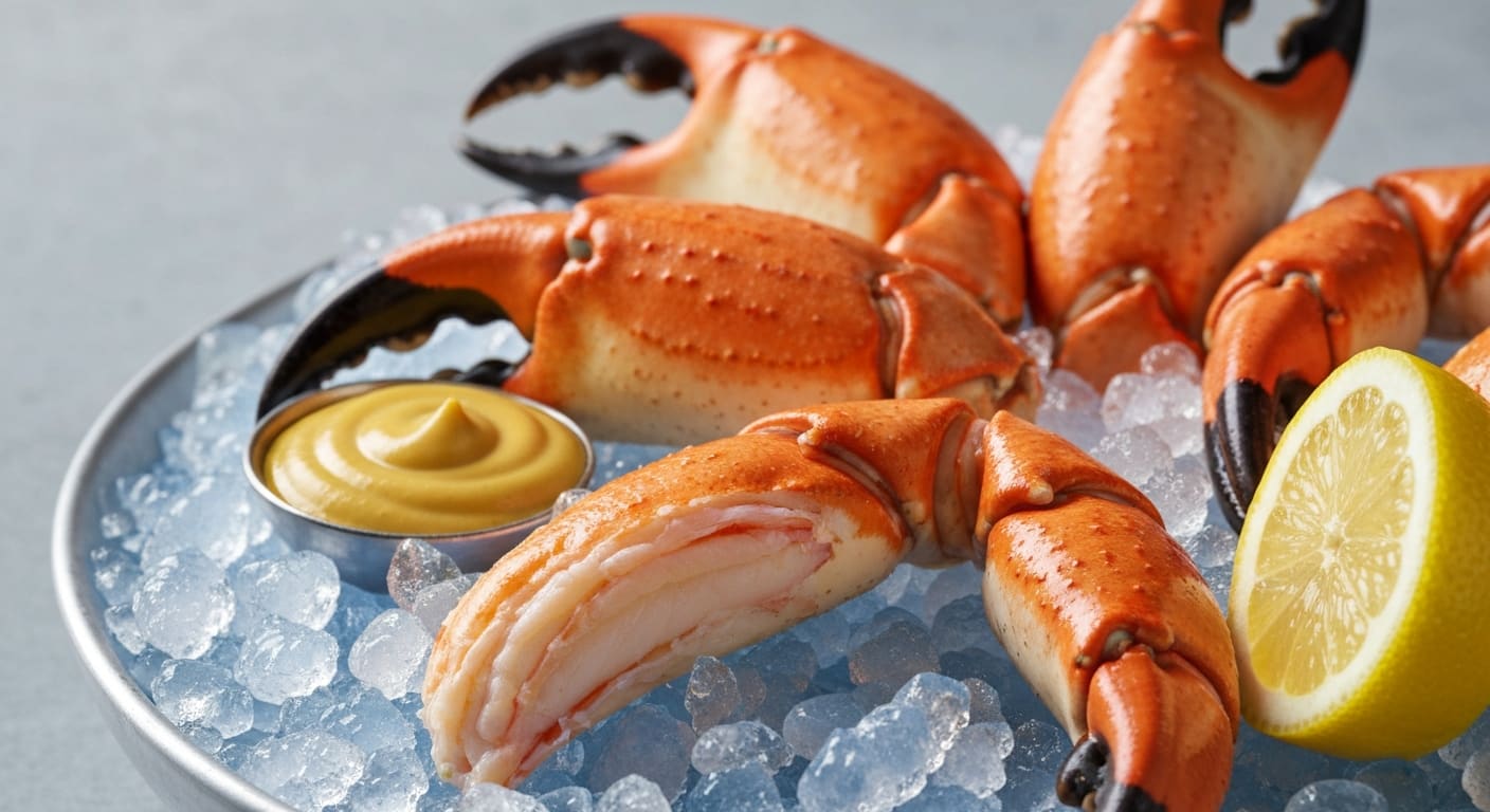Stone crab claws served with mustard sauce and drawn butter at an upscale Naples Florida seafood restaurant