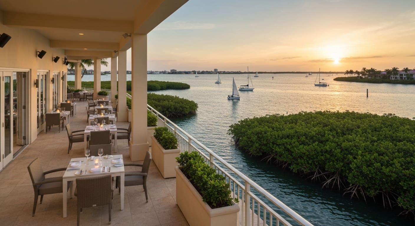 Waterfront dining along Naples Bay with boats docked at sunset in Southwest Florida