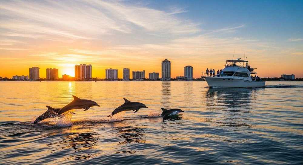 Sunset cruise departure scene from Naples waterfront marina
