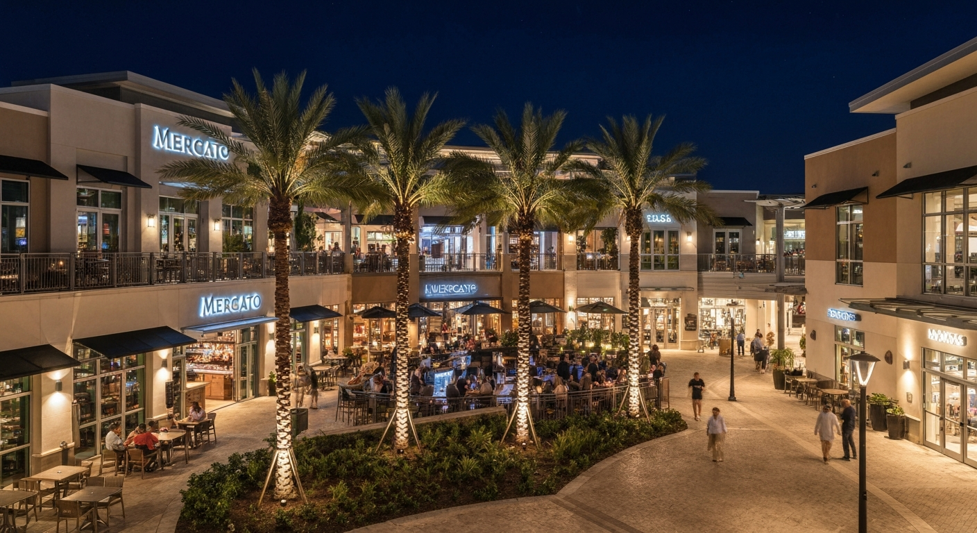 Lively outdoor bar scene at Mercato in North Naples at night