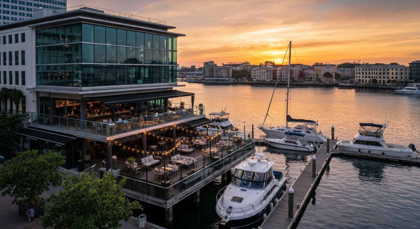 Waterfront bar on Naples Bay at sunset with boats docked nearby