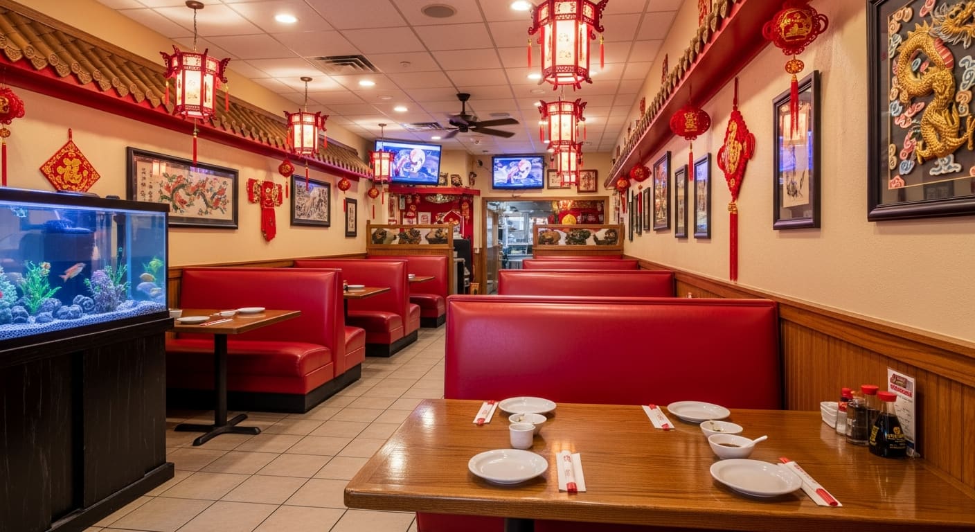 Golden Dragon Chinese restaurant with red and gold decor in North Port