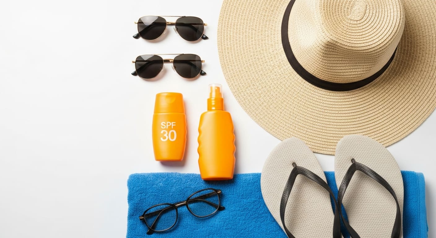 Florida beach vacation essentials laid out flat