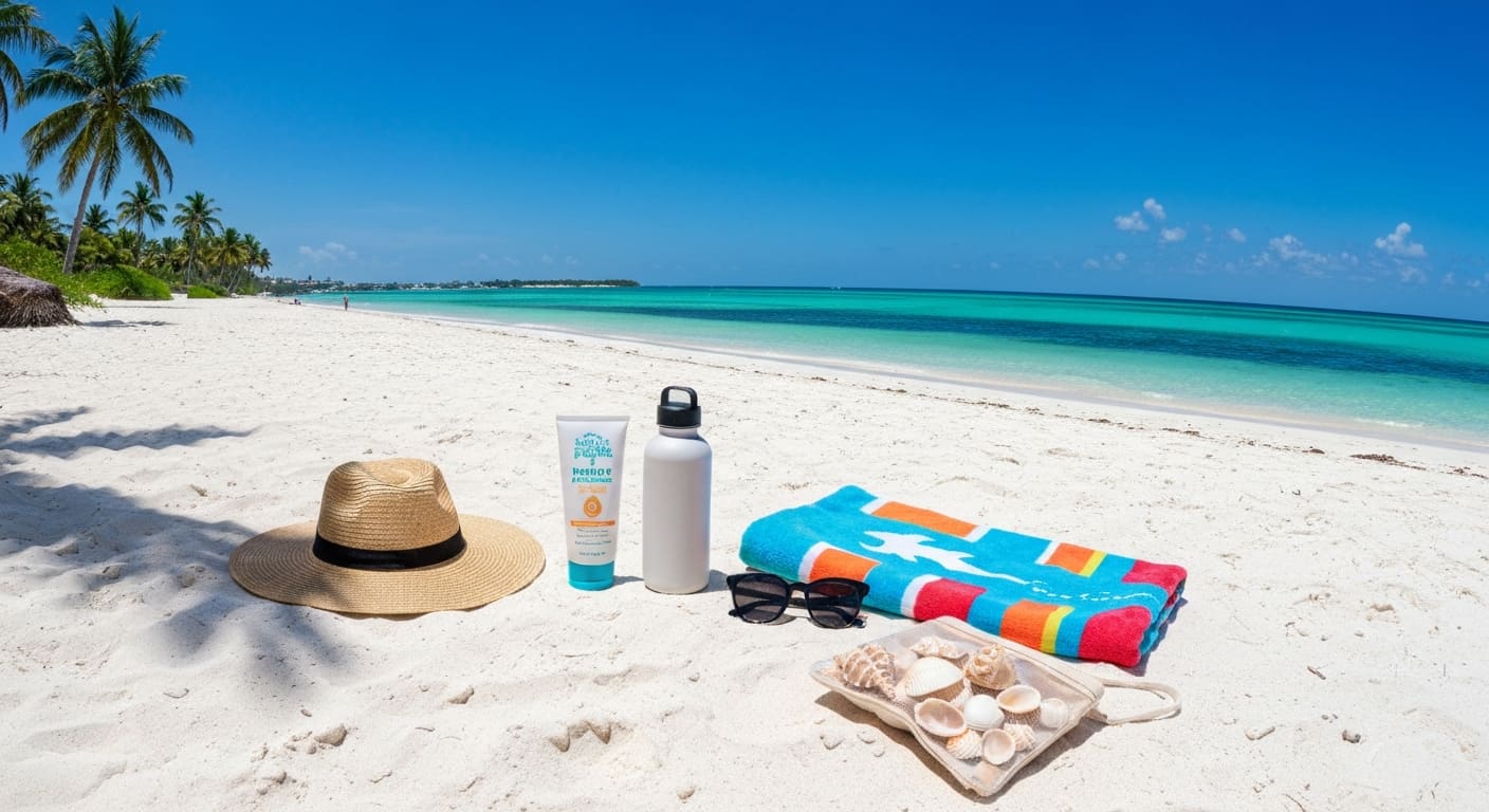 Florida beach packing checklist essentials arranged on sand