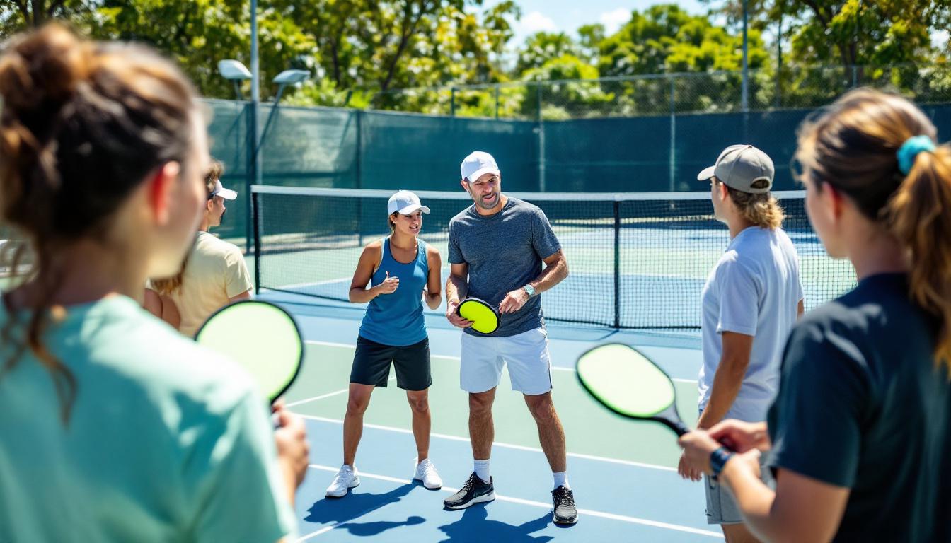 Group of pickleball students listening to an instructor at an outdoor court