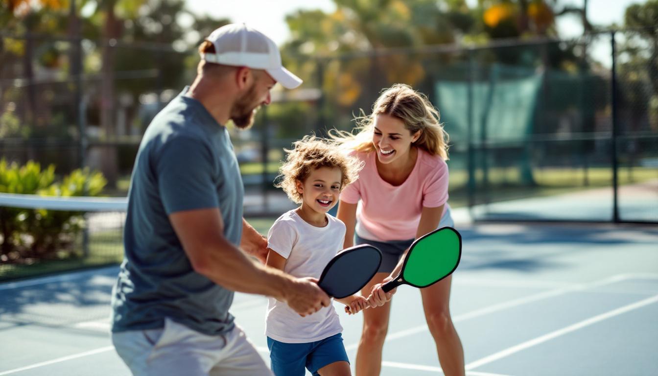 Family of players learning pickleball together on a court