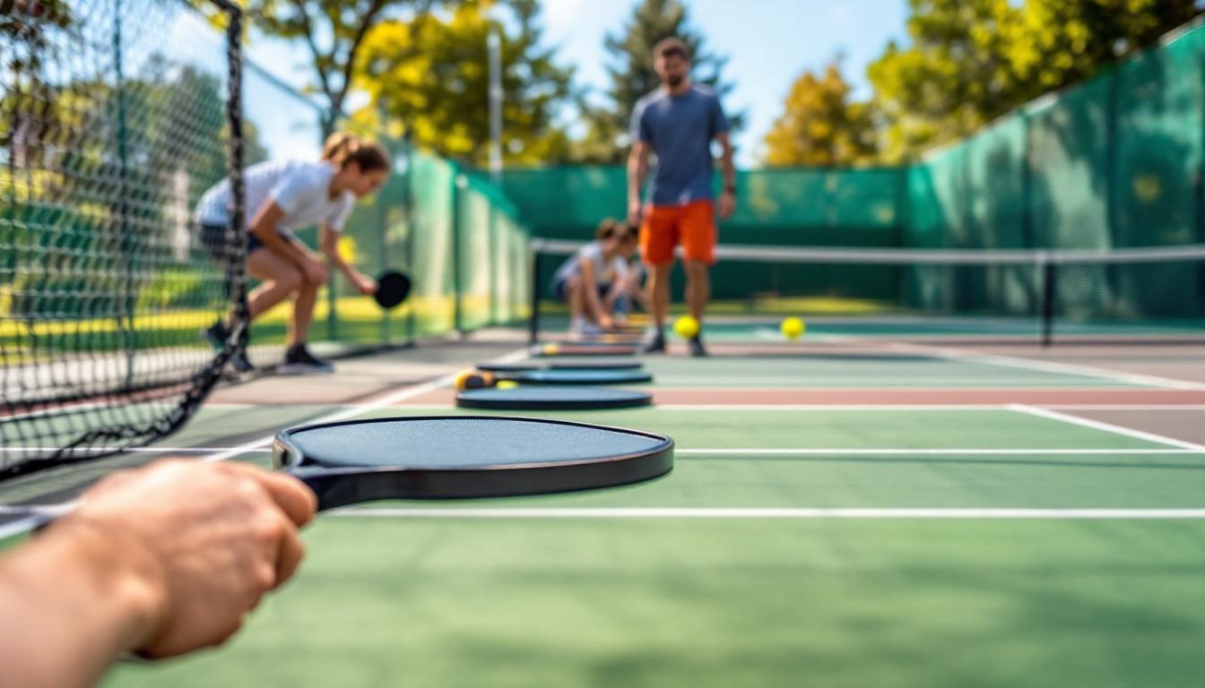 Beginner pickleball students on an outdoor court with an instructor