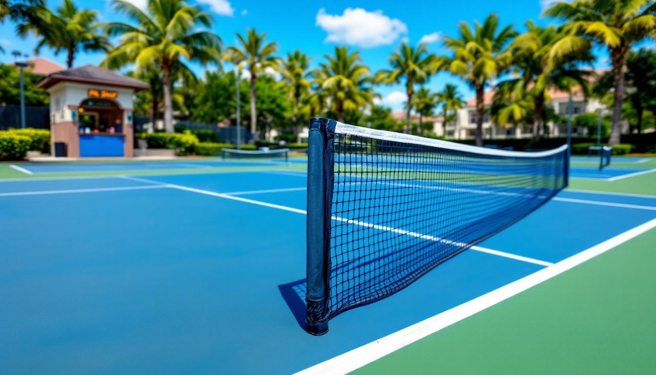 Resort pickleball courts with a pro-shop in the background