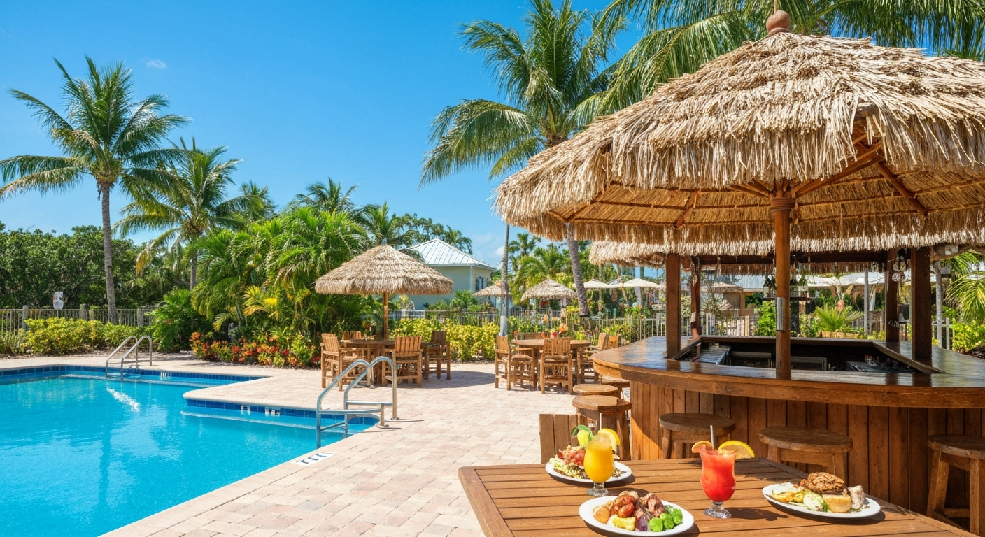 Bongo's Bar and Grill outdoor poolside dining area at Pink Shell Beach Resort Fort Myers Beach