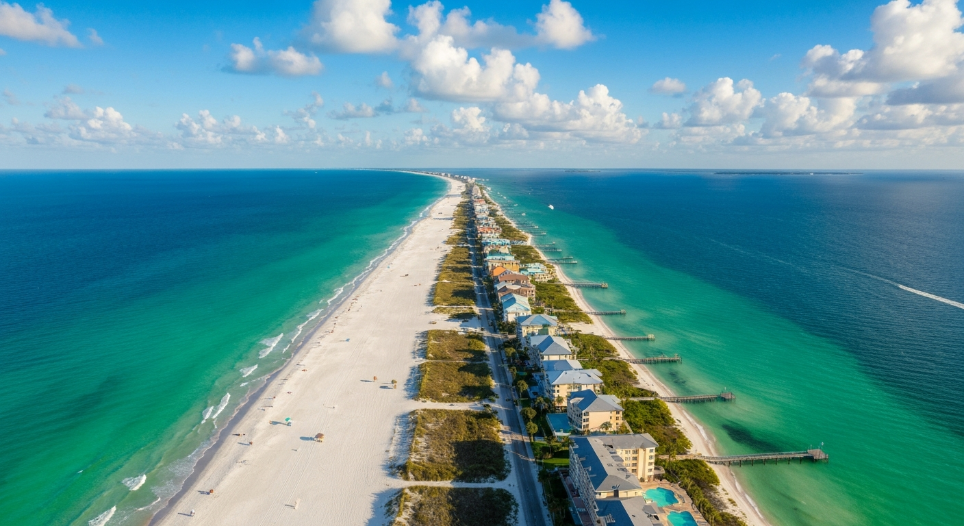 Aerial view of Fort Myers Beach coastline and Estero Island near Pink Shell Beach Resort