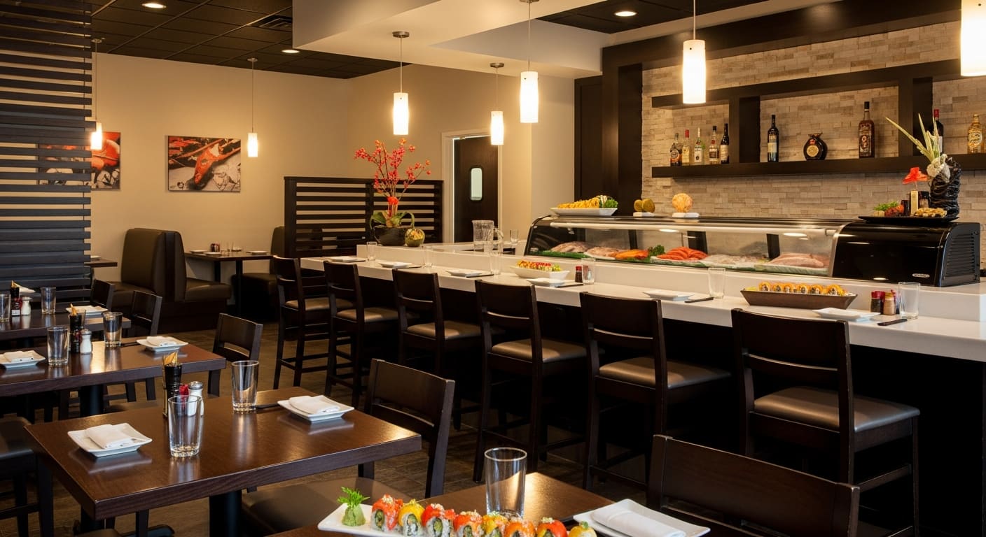 Fin Sushi and Grill fresh sushi platter with colorful rolls on dark slate in Port Charlotte