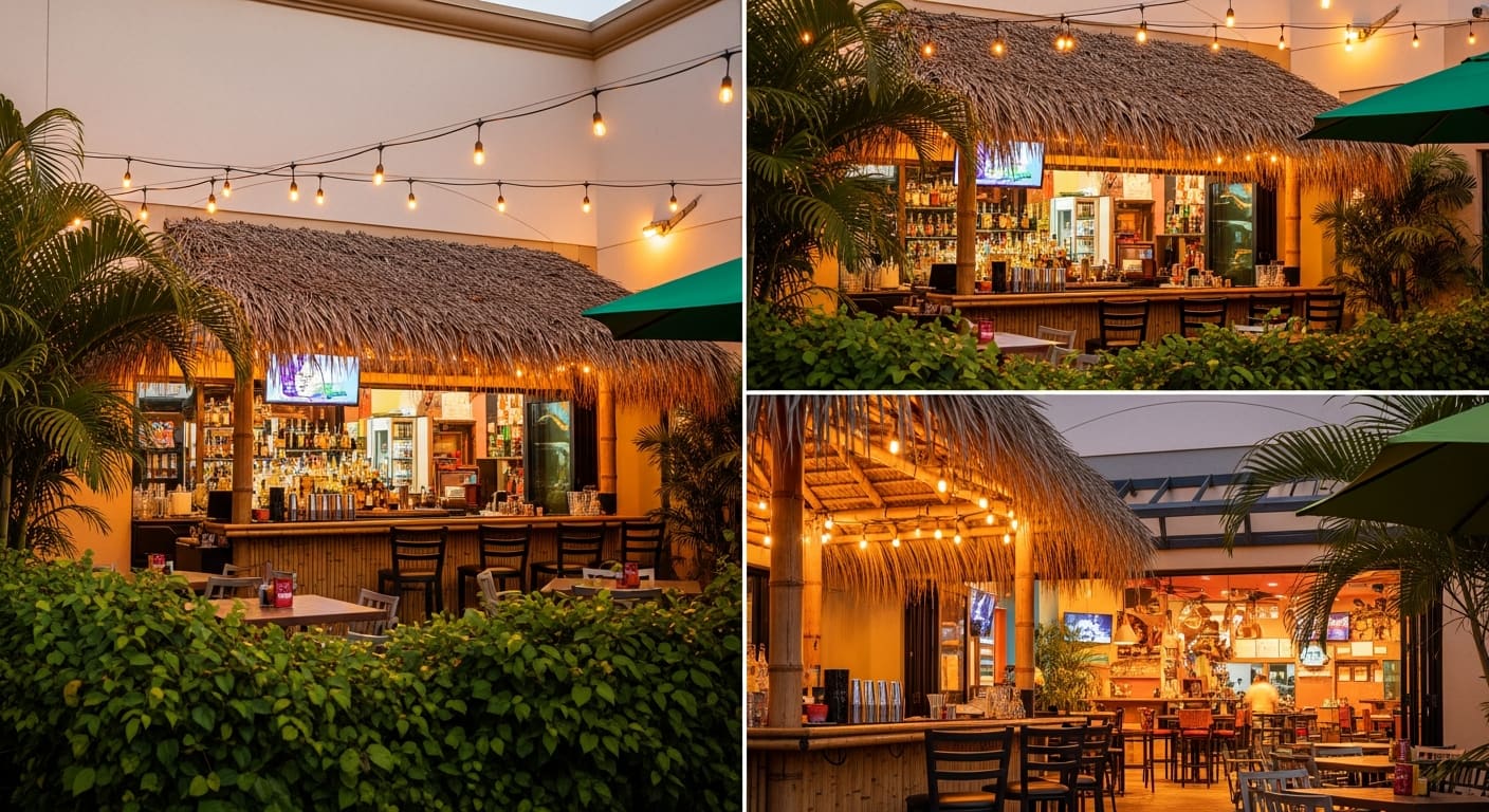 Pioneers Pizza tropical outdoor patio bar with string lights and neon signs in Port Charlotte