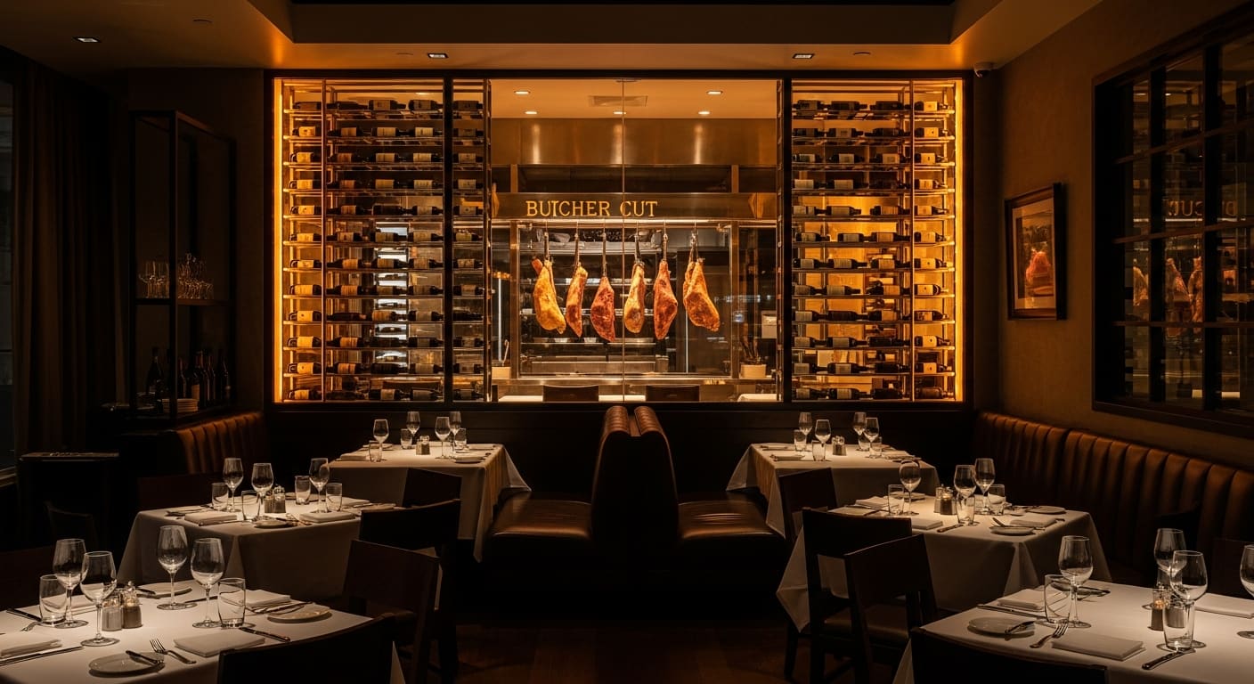 Prime Serious Steak upscale steakhouse interior with wine wall and leather booths in Port Charlotte