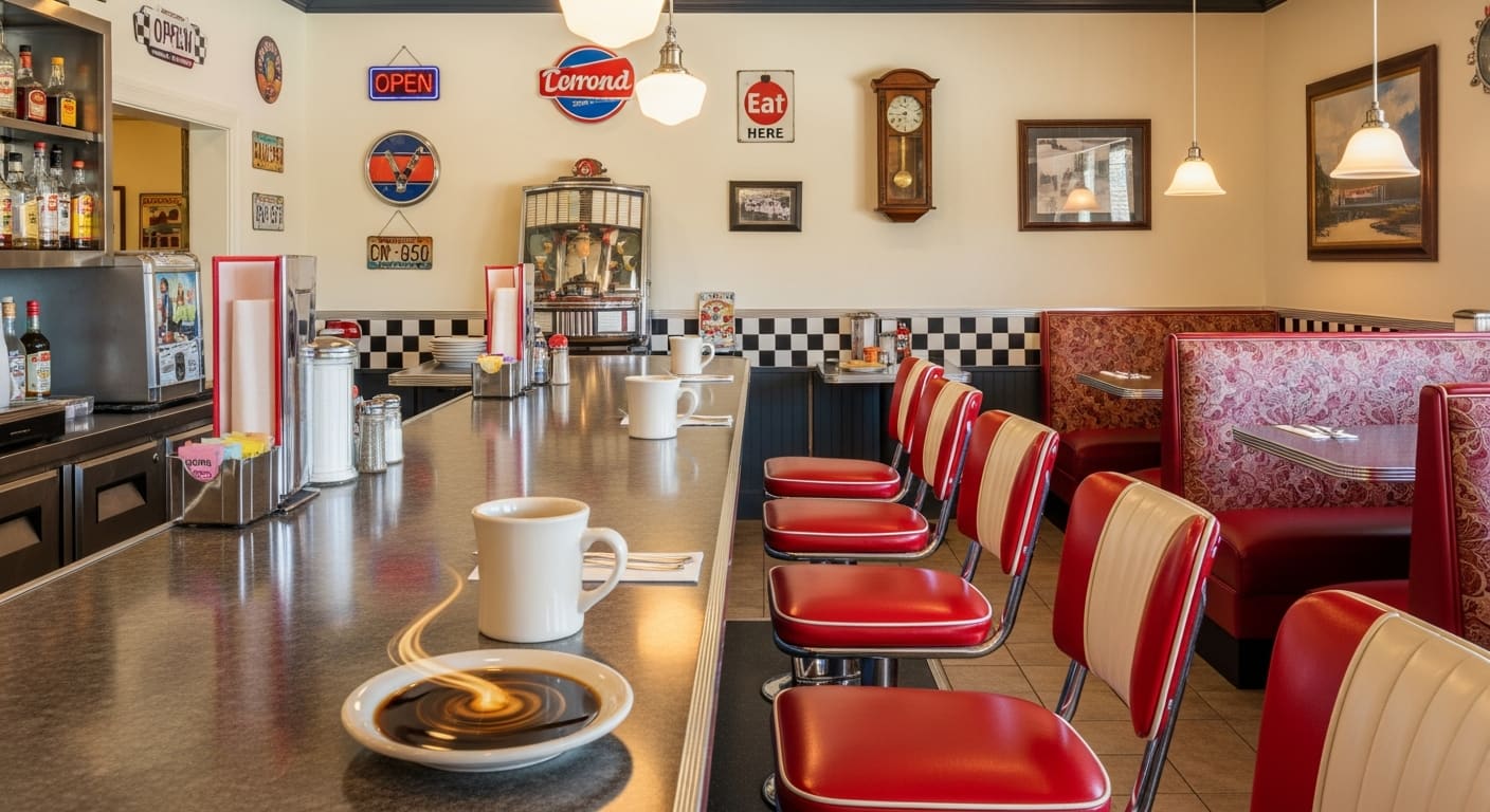 Sweet's Diner vintage chrome counter with red vinyl stools and retro signage in Port Charlotte