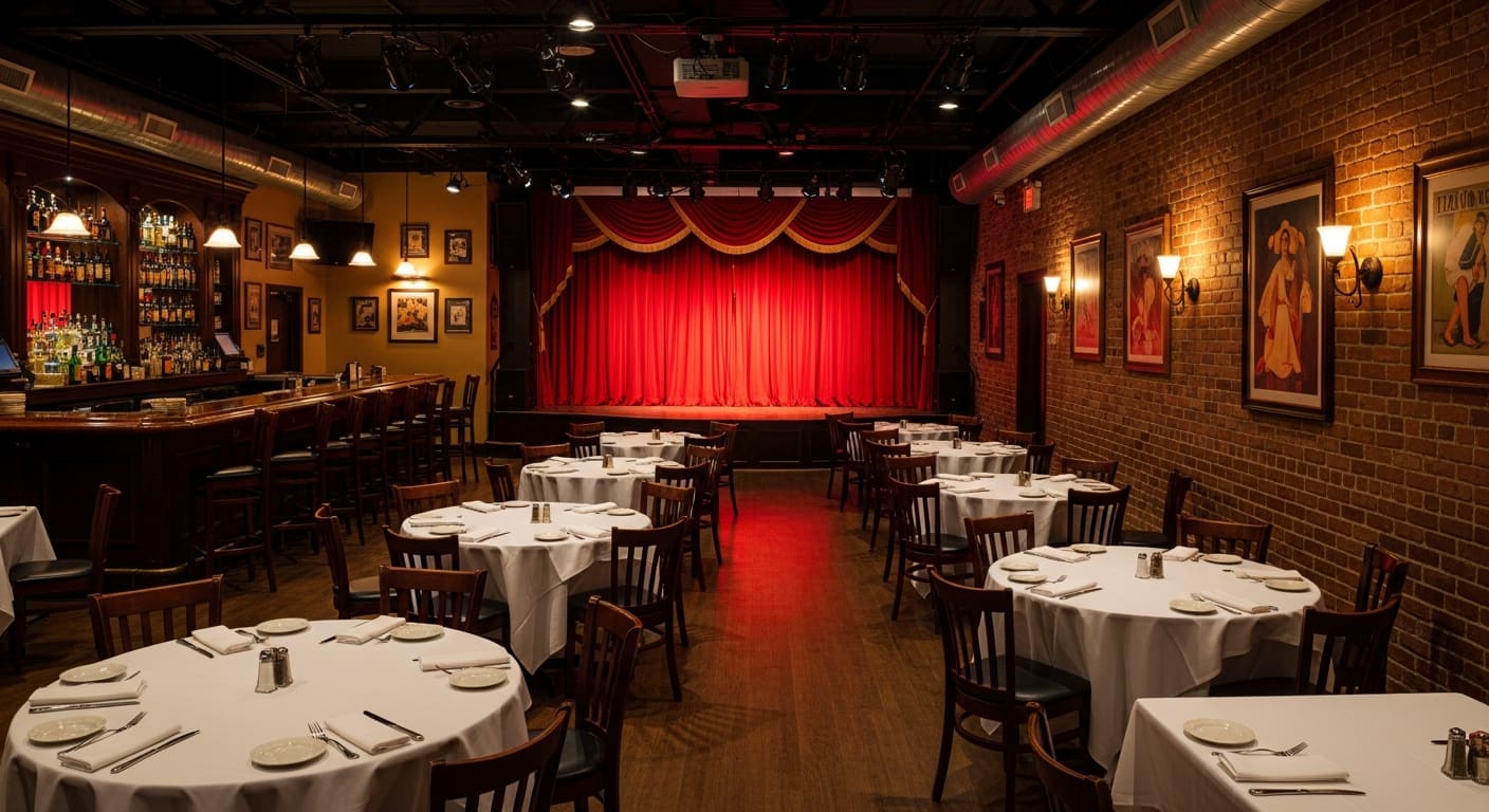 Visani Italian Steakhouse dinner theater stage with elegant table settings and warm lighting in Port Charlotte