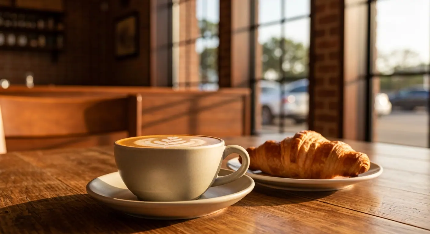 Latte art in a ceramic cup at a cozy Punta Gorda coffee shop