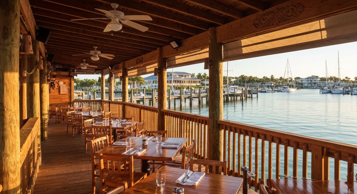 Laishley Crab House pier extending into Charlotte Harbor with waterfront deck seating