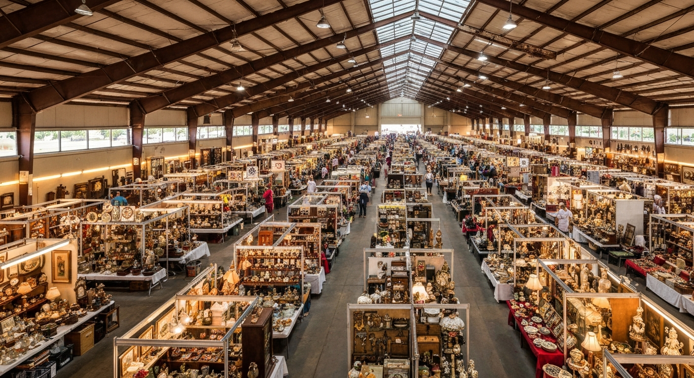 Covered flea market with vendor booths at Flamingo Island in Bonita Springs