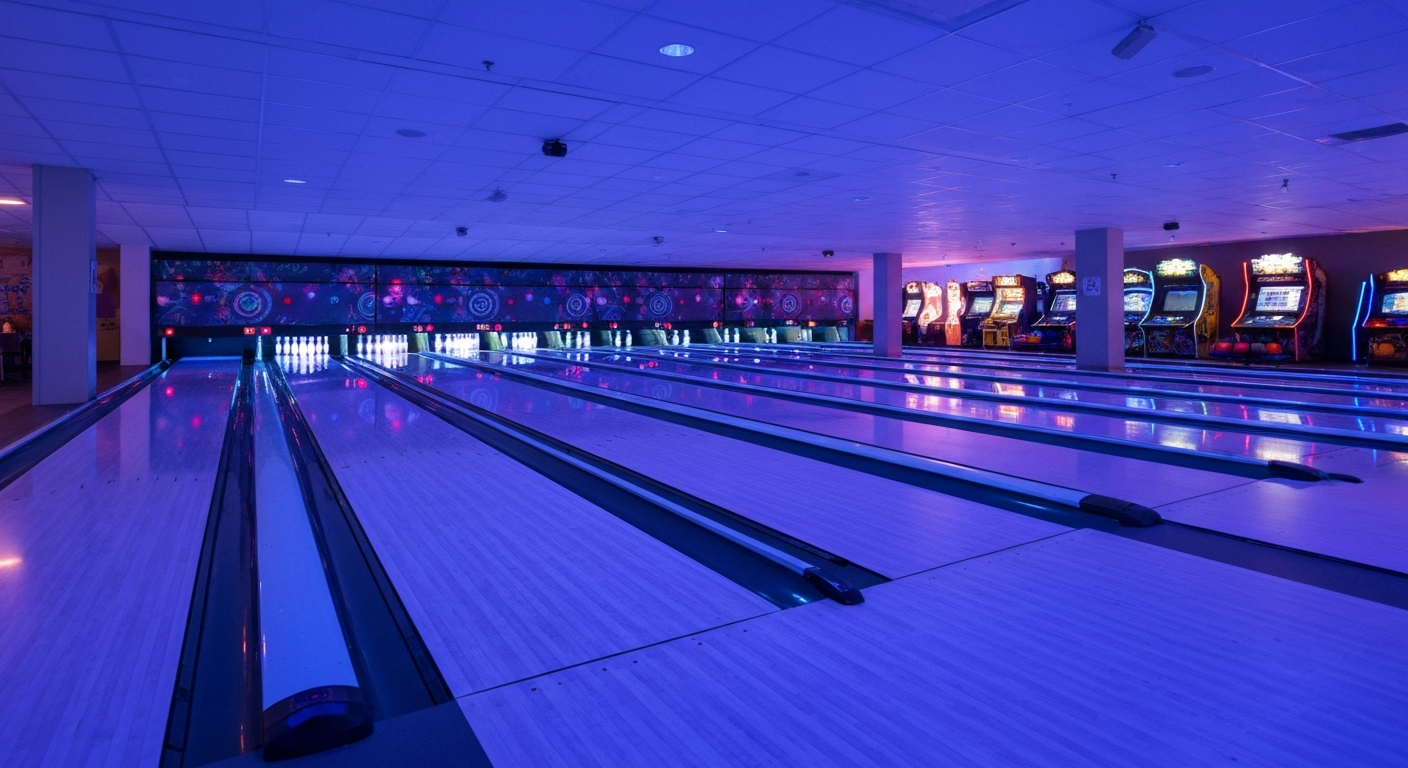 Bowling lanes lit with colorful lights at Bowlero Cape Coral