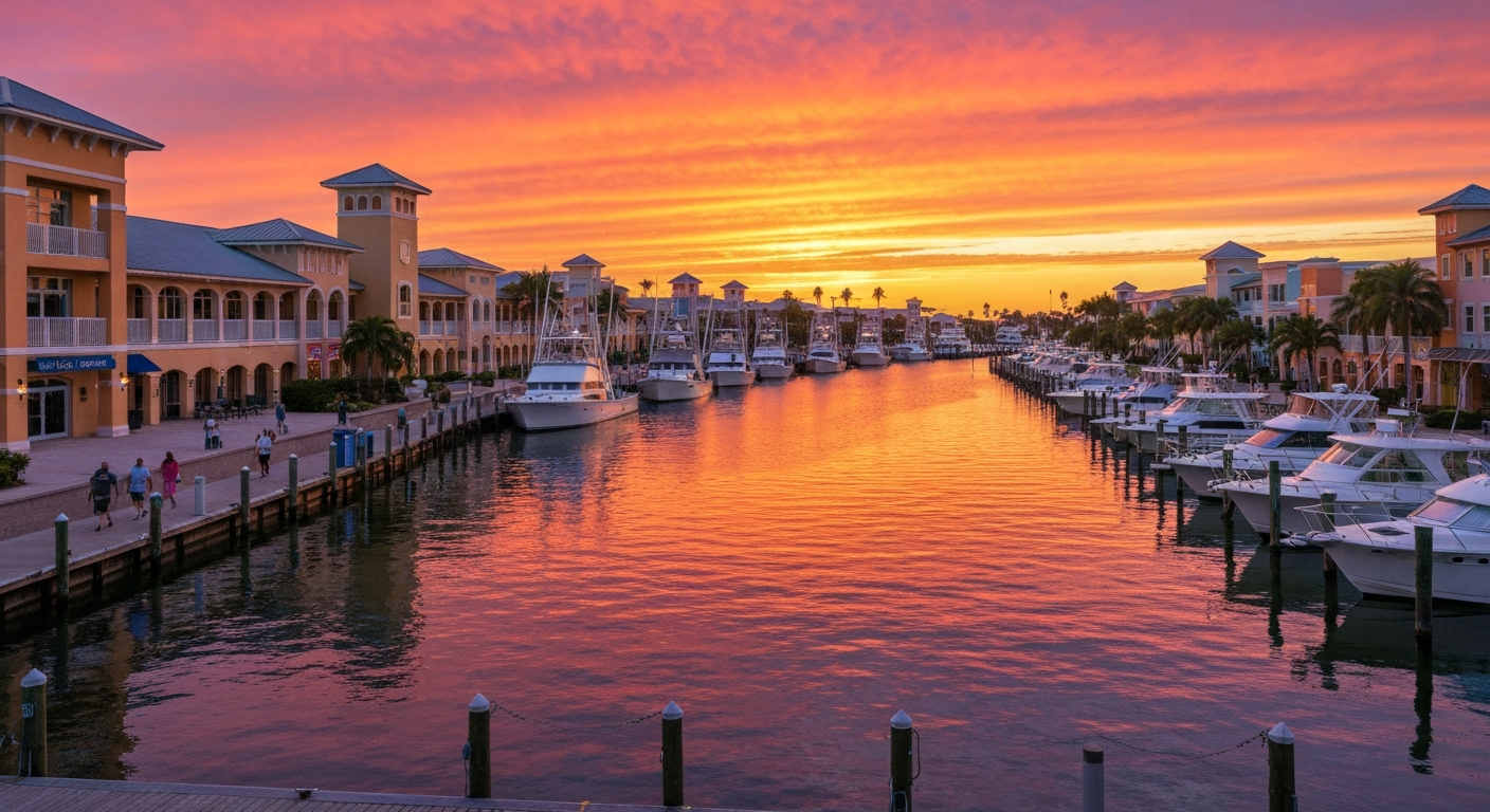 Waterfront shops and restaurants at Cape Harbour on a rainy afternoon