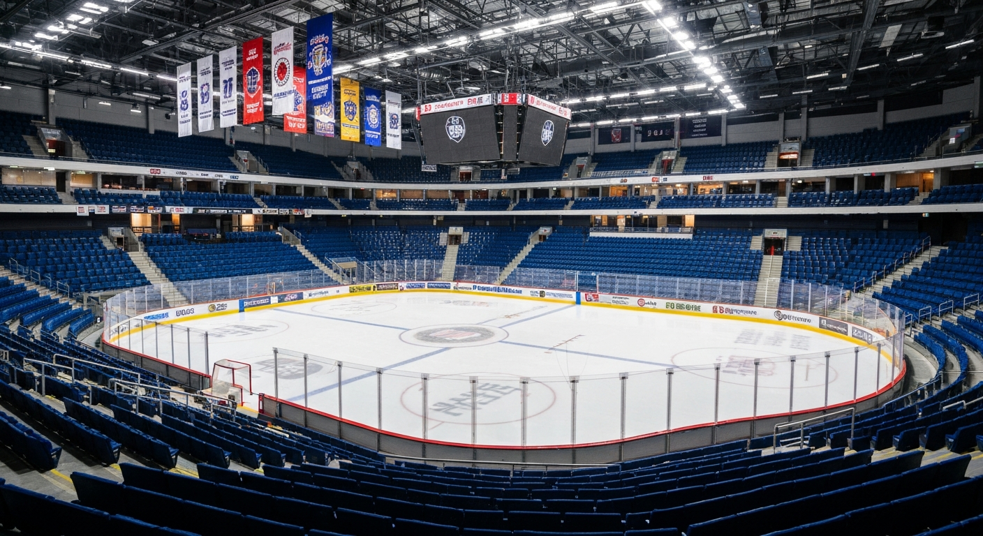 Hertz Arena interior with hockey rink and arena seating in Estero