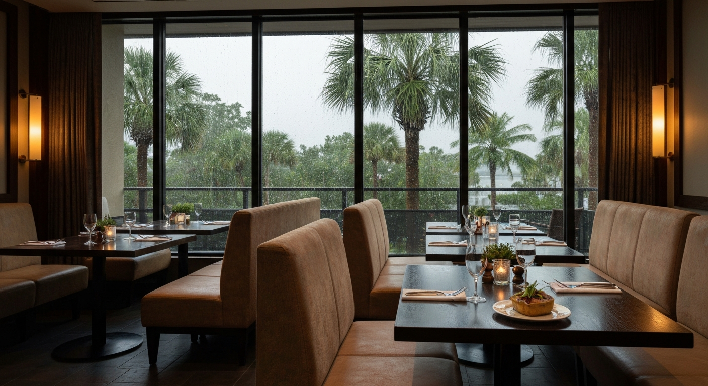 Upscale restaurant interior in Estero Florida with warm lighting