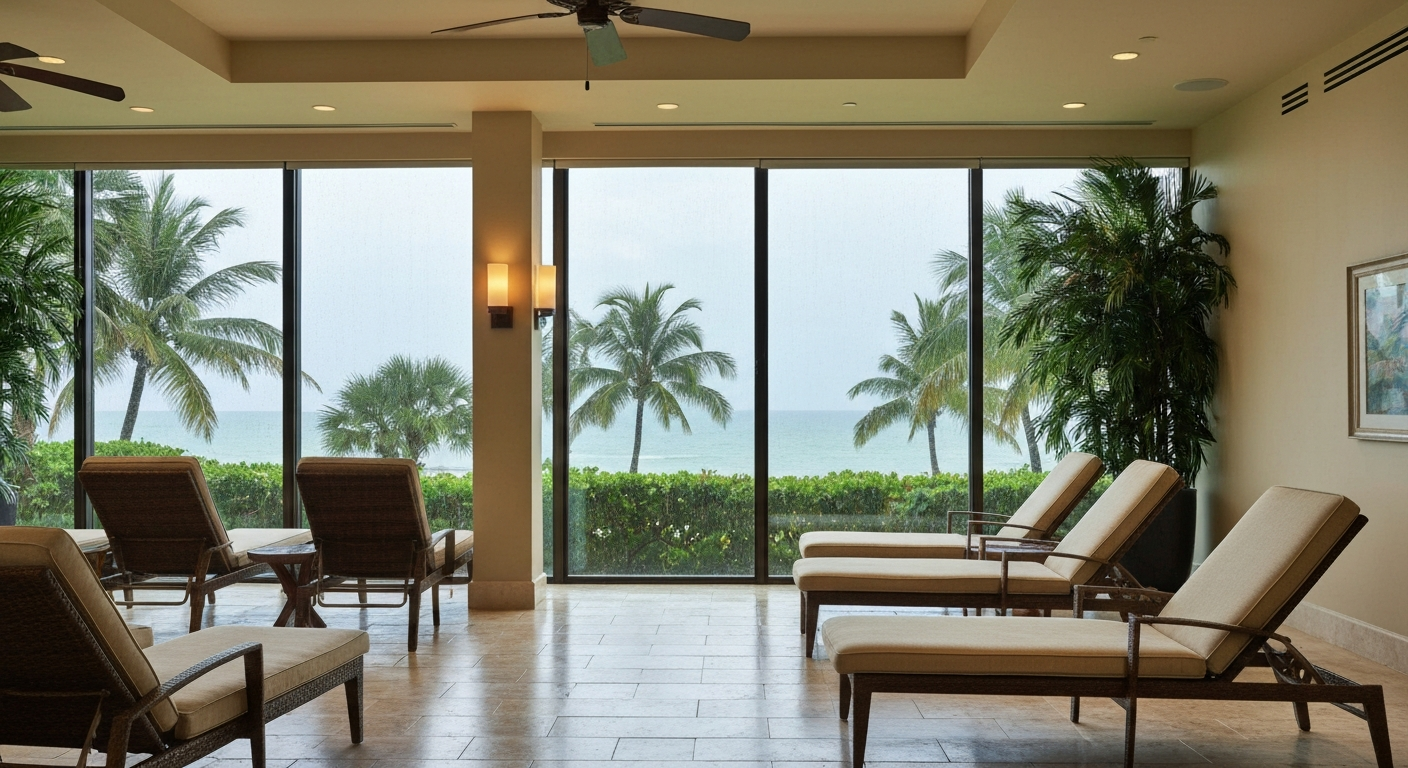Luxury spa treatment room with rain visible through windows on Marco Island