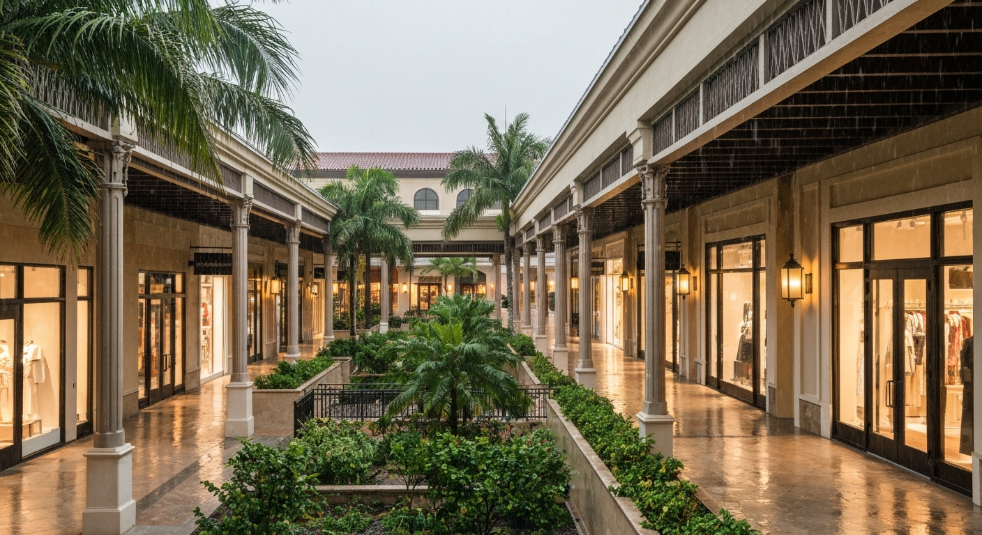 Covered walkway at Waterside Shops in Naples with upscale storefronts