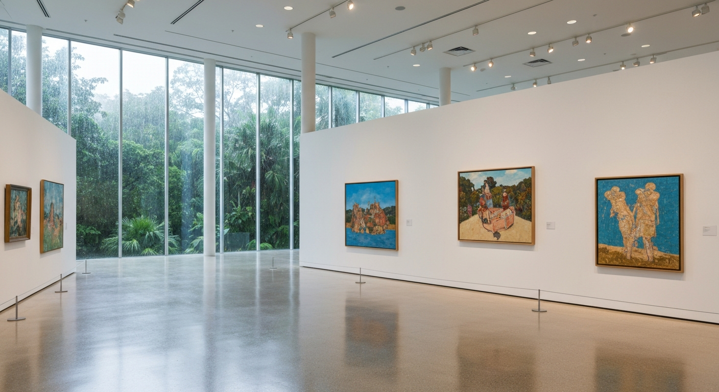 Indoor view of a Southwest Florida art museum with visitors enjoying exhibits