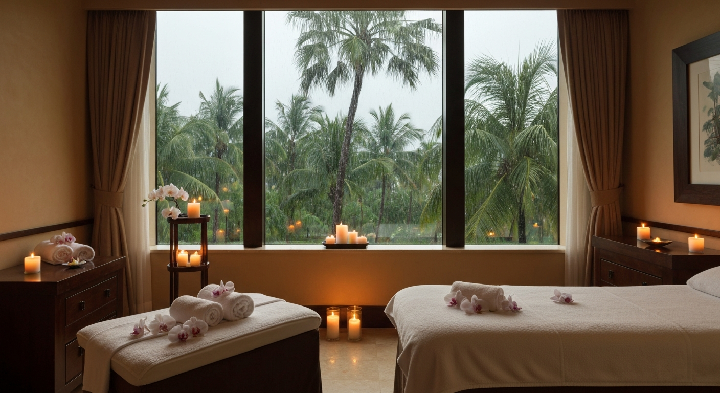 Luxury spa treatment room overlooking rainy Gulf waters in Southwest Florida