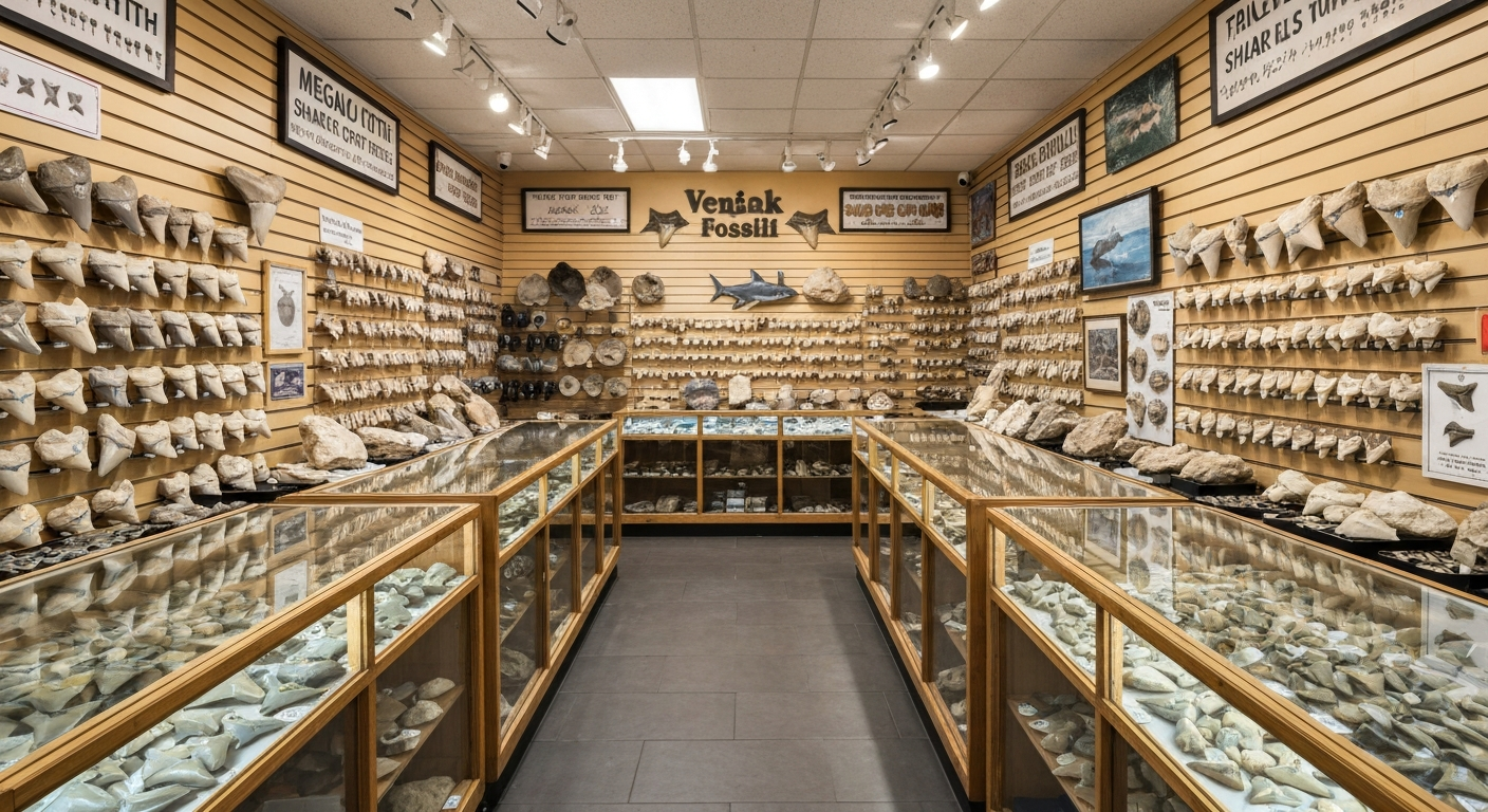 Shark tooth fossil shop with display cases in Venice Florida