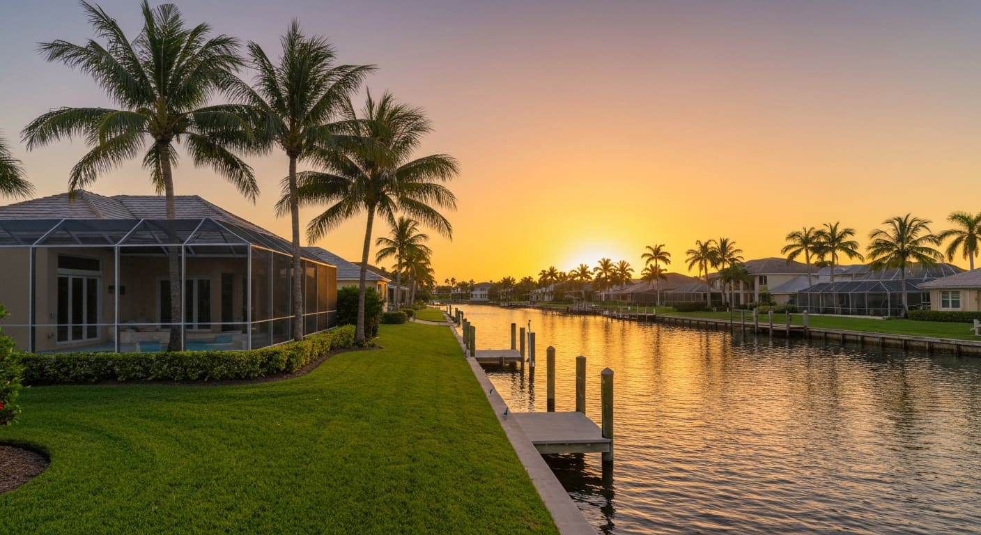 Bonita Springs Florida waterfront community at sunset