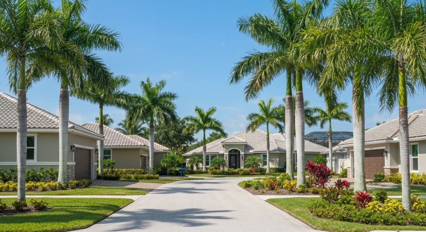 Cape Coral residential neighborhood with palm trees