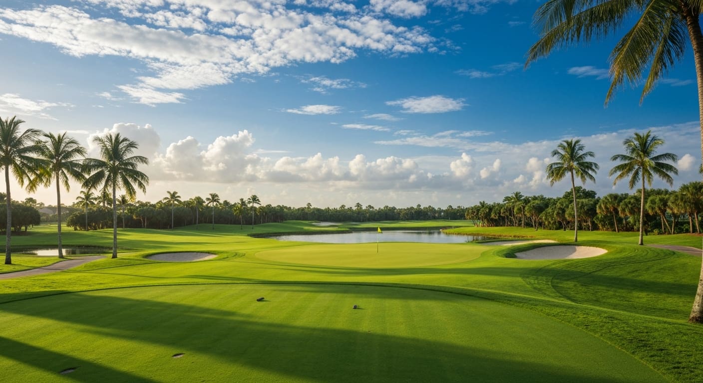 Naples golf course fairway with palm trees, a lake, and blue sky