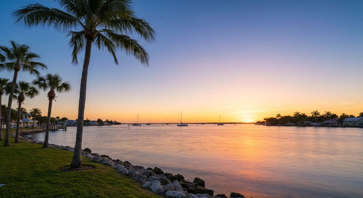 Port Charlotte harborfront scene and nearby hotel district