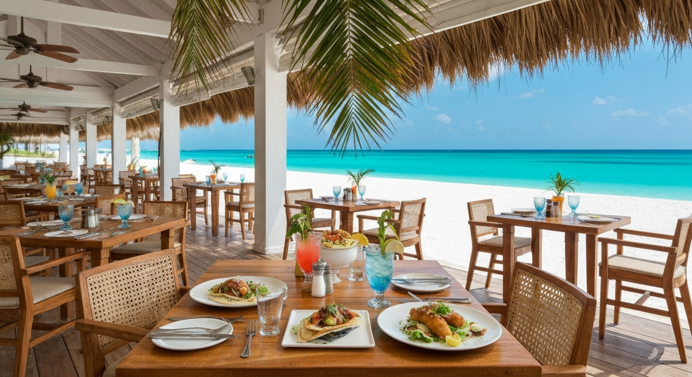 Open-air beachfront restaurant with tropical decor and seafood at Gumbo Limbo at The Ritz-Carlton Naples