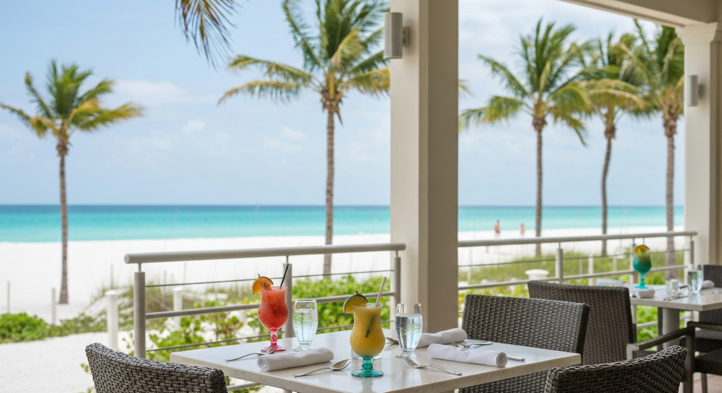 Beachfront dining patio at The Ritz-Carlton Beach Club on Lido Key with Gulf views