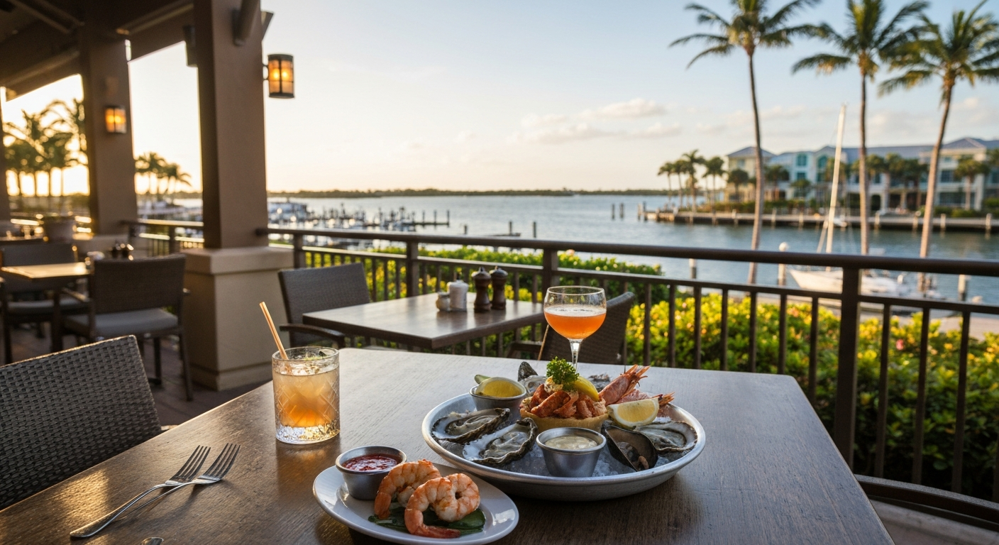 Outdoor patio dining at Jack Dusty overlooking Sarasota Bay marina at sunset