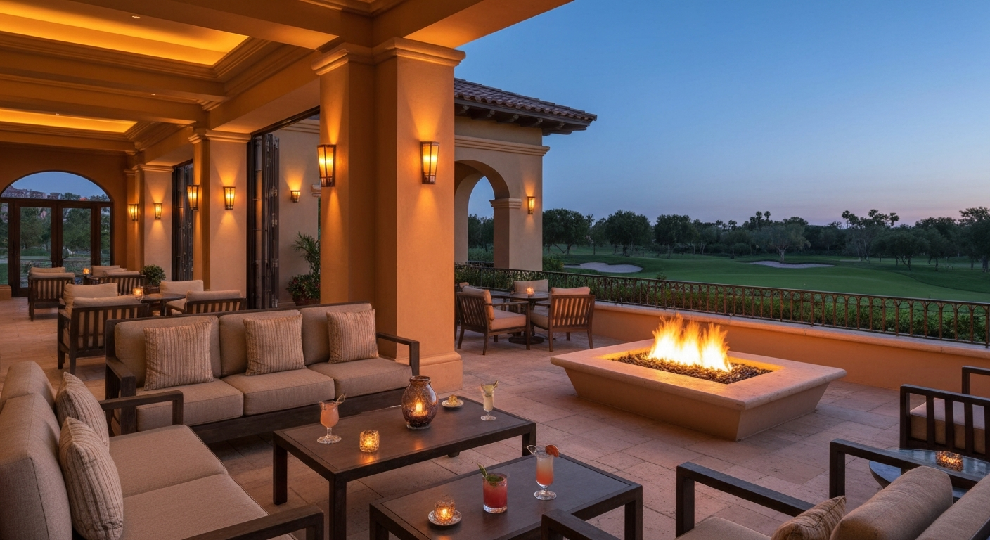 Bella Vista Lounge terrace at Ritz-Carlton Tiburon with fire pits and golf course views at twilight