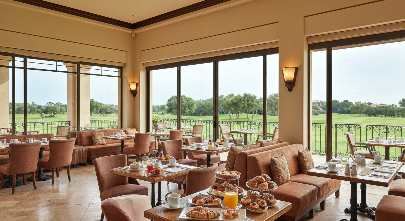 Elegant breakfast dining room at Lemonia restaurant at the Ritz-Carlton Tiburon Naples with golf course views