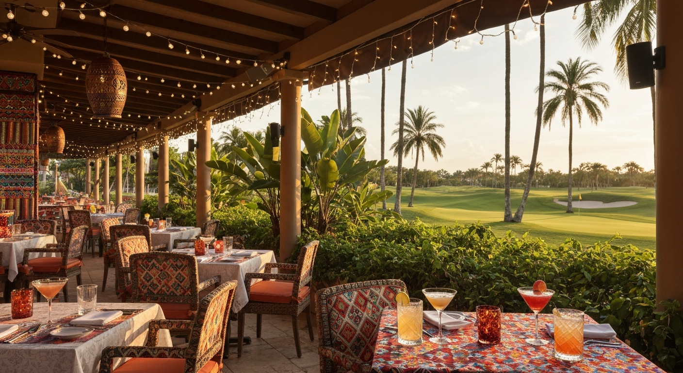 Outdoor Latin American dining at Ria restaurant at the Ritz-Carlton Naples Tiburon with tropical setting