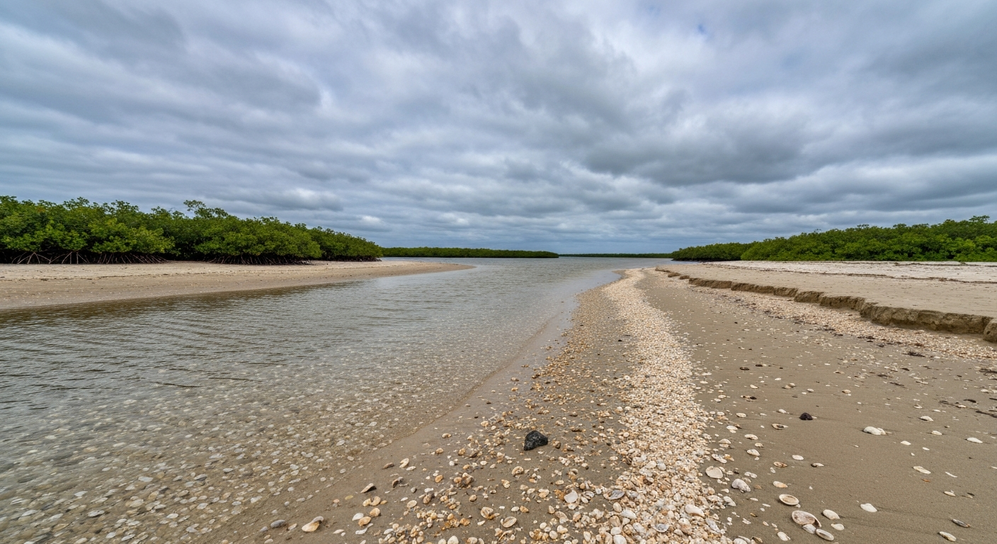 Tidal waters flowing through Blind Pass between Sanibel and Captiva Island with shoreline shells