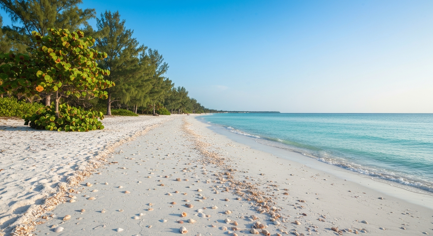White sand and scattered seashells along the shoreline at Bowman's Beach on Sanibel Island Florida