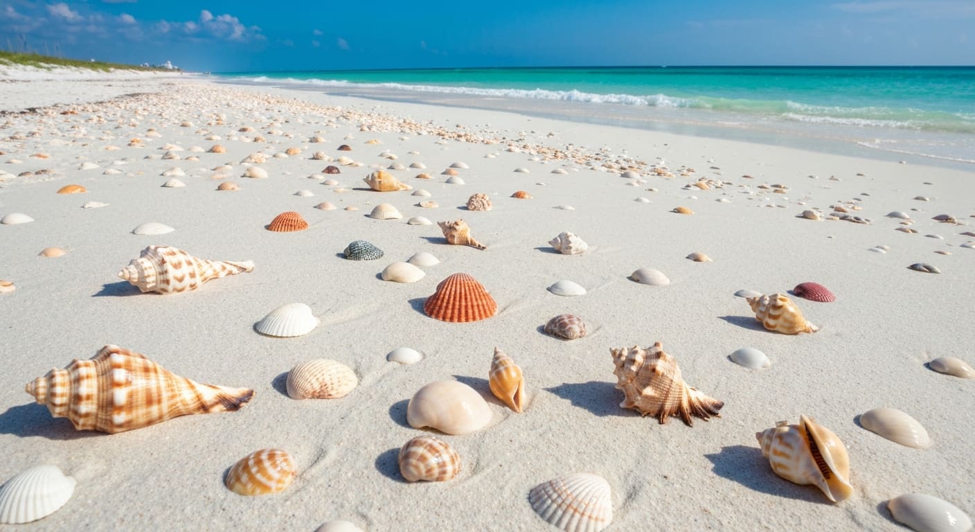 Low-tide shelling conditions on Sanibel with mixed conchs and scallops