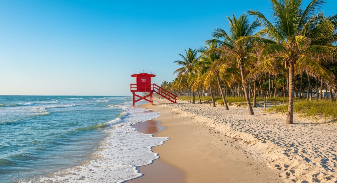 Venice area beach in Sarasota County with shark tooth hunters searching dark sand at the waterline
