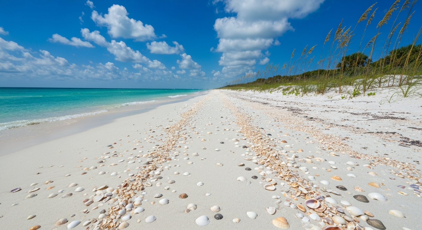Wide view of shell-covered beach at Bowman's Beach on Sanibel Island with Gulf waters