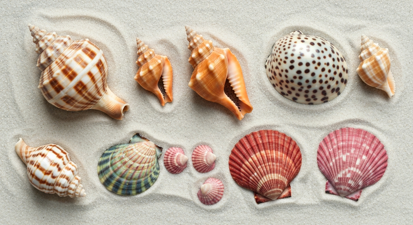 Variety of colorful seashells including lightning whelks and fighting conchs found on Sanibel Island beach
