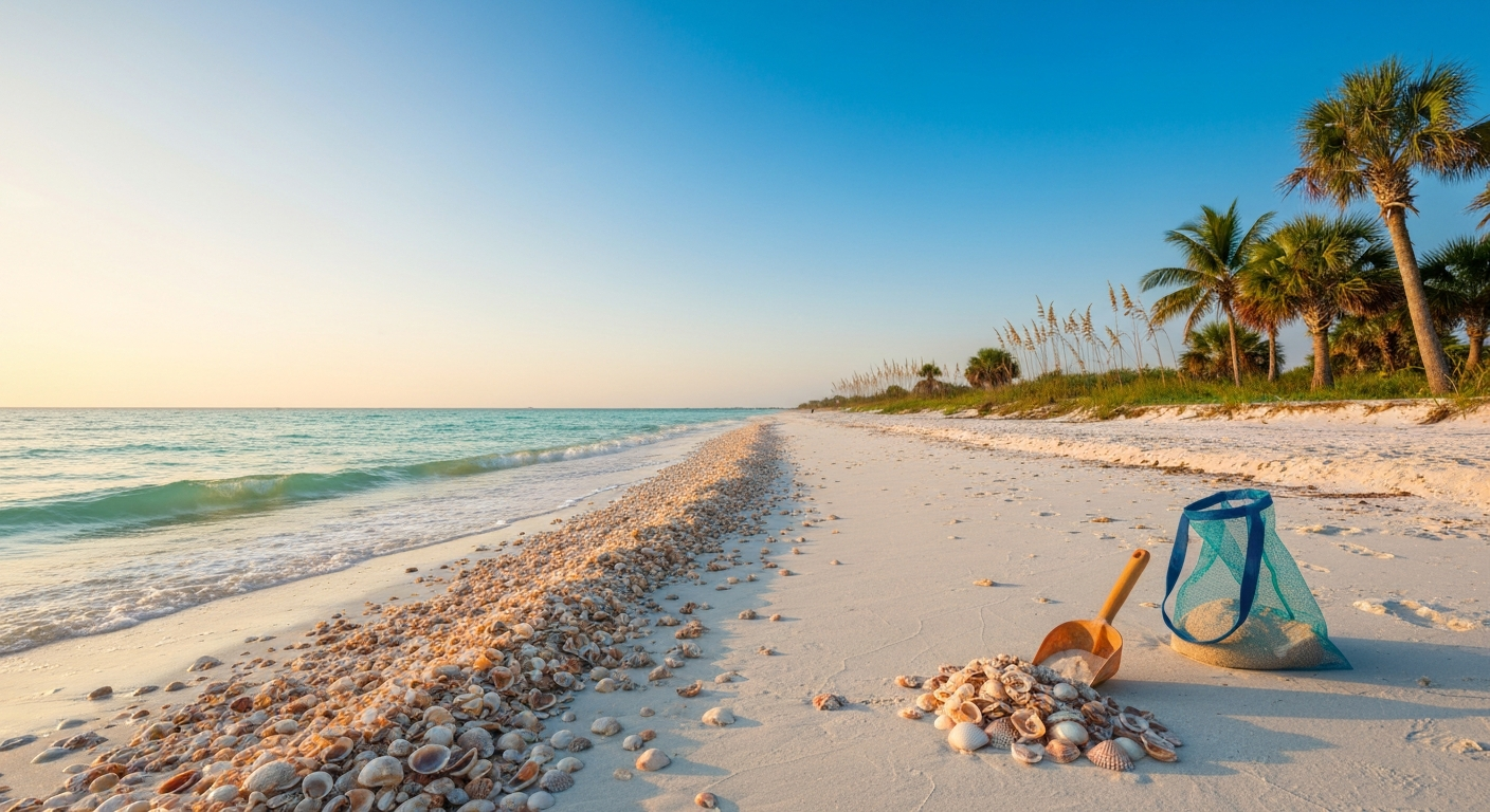 Shelling enthusiasts searching for seashells along the Sanibel Island shoreline at low tide